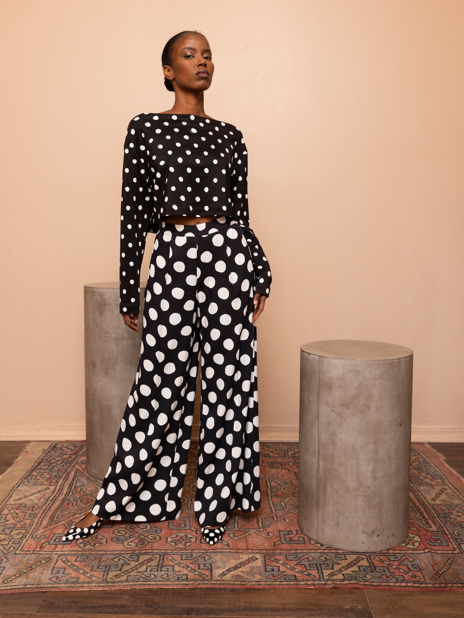 Spotty wide clearance leg trousers