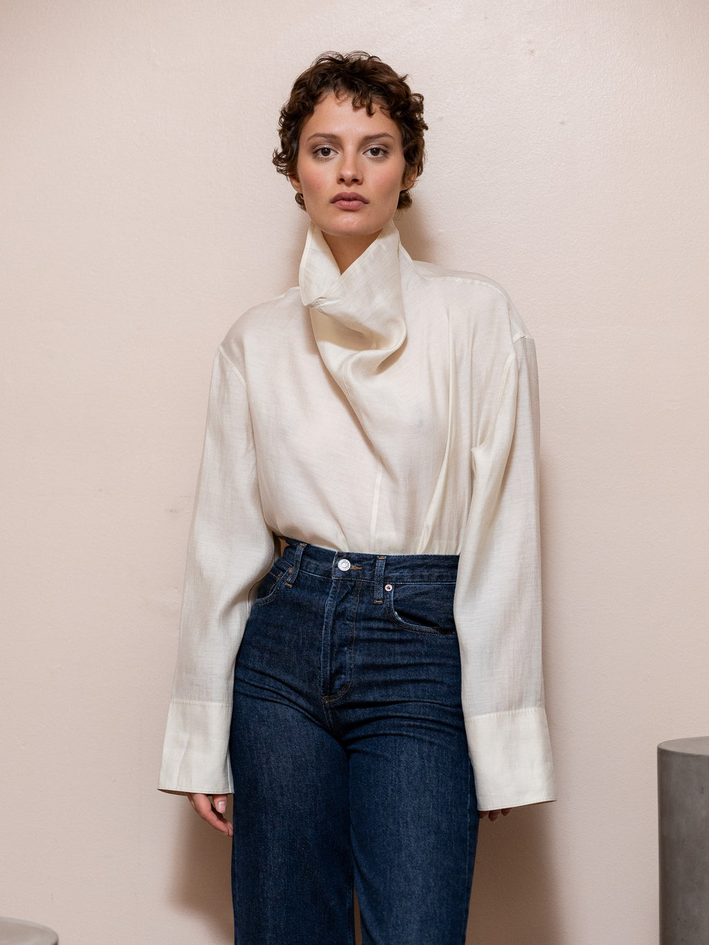 Funnel-Neck Organza Blouse in Ecru