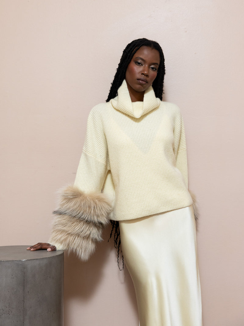 Cashmere Turtleneck Sweater with Fur Detail